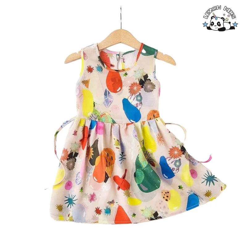 LEZONKIDS - 2024 Sleeveless Rainbow Cartoon Printed Girls Frocks Casual Girls Dresses for Summer